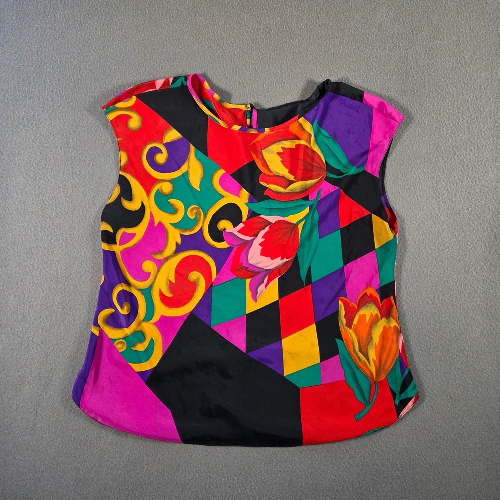 Vintage Lucie Ann II Blouse Womens Small Multicolor Floral Sleeveless Flowy 80s